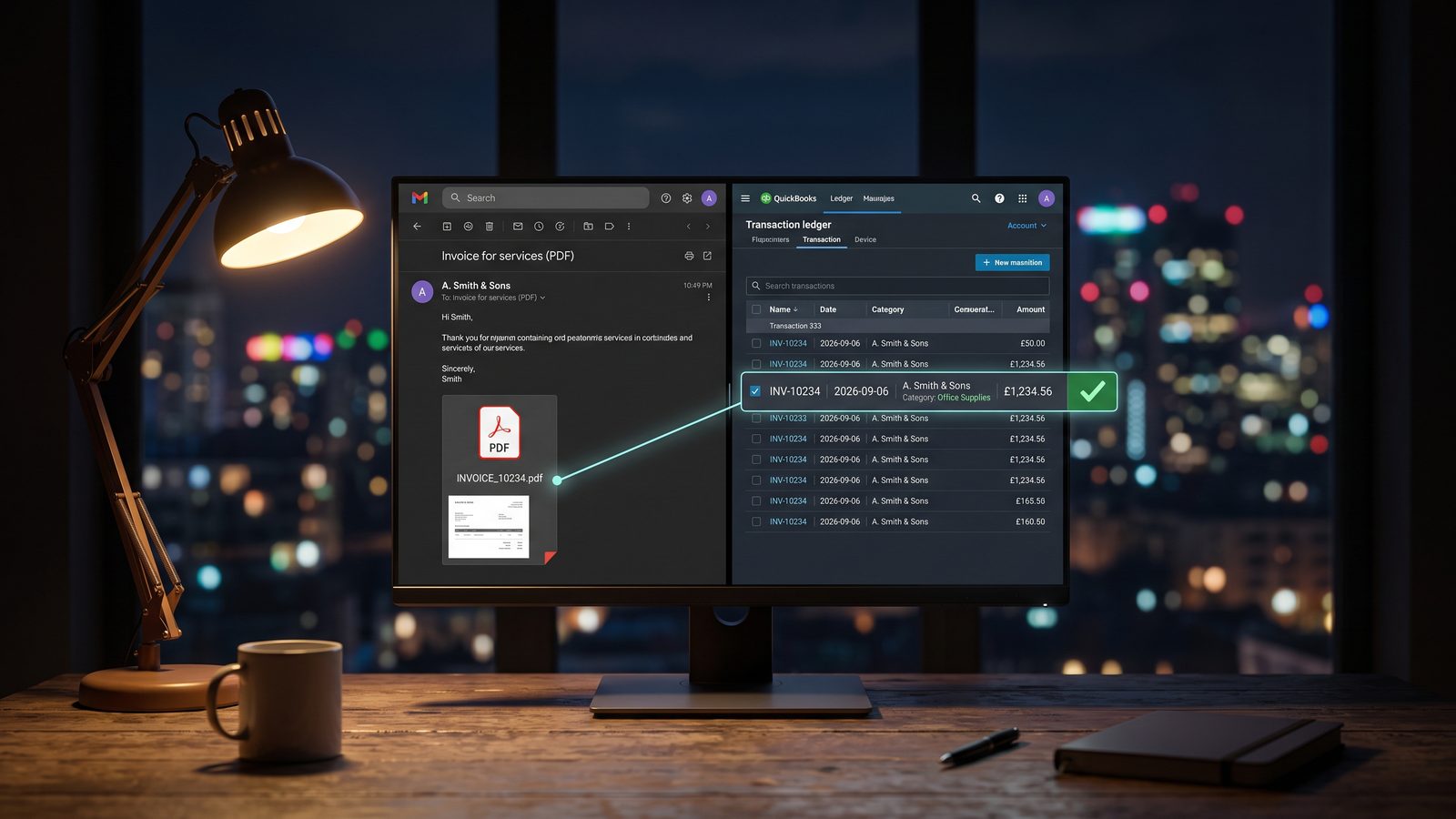 Desk monitor at night showing an emailed PDF invoice being matched to a ticked line in an accounts ledger