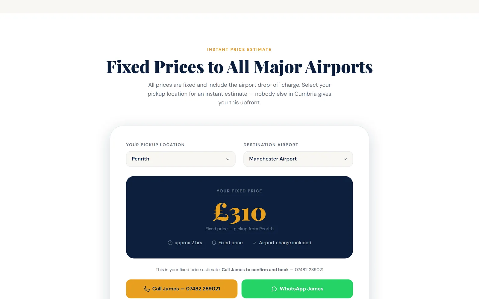 A-Cabs Penrith airport transfer calculator showing a fixed £310 fare from Penrith to Manchester Airport