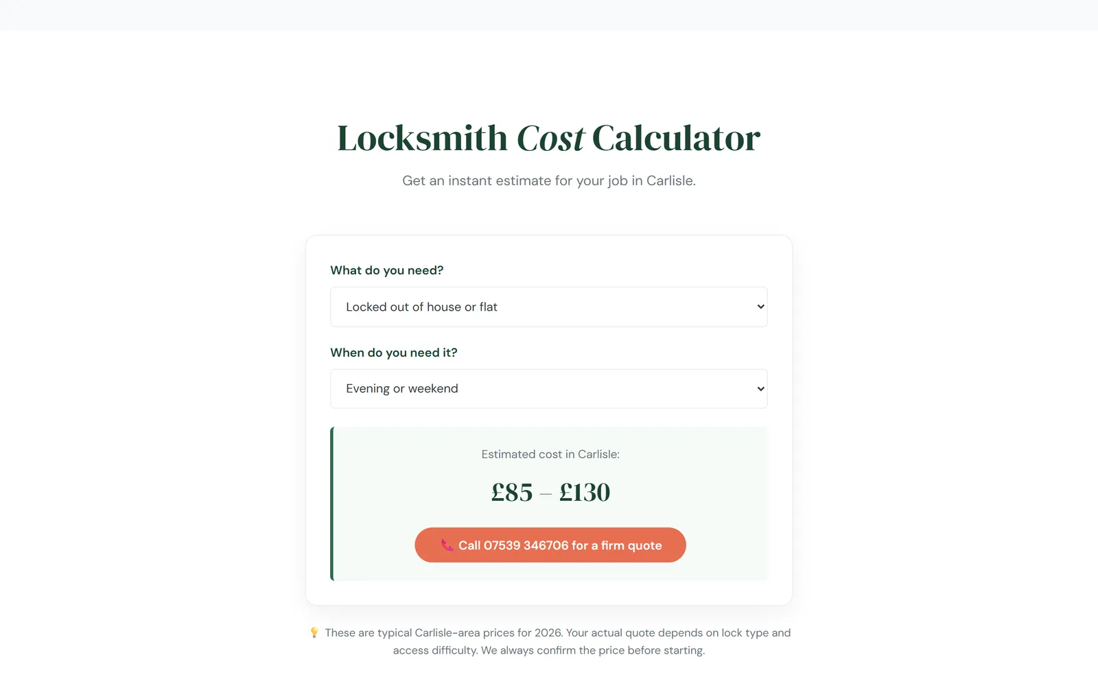 Emergency Locksmith Carlisle cost calculator showing £85 to £130 for an evening house lockout