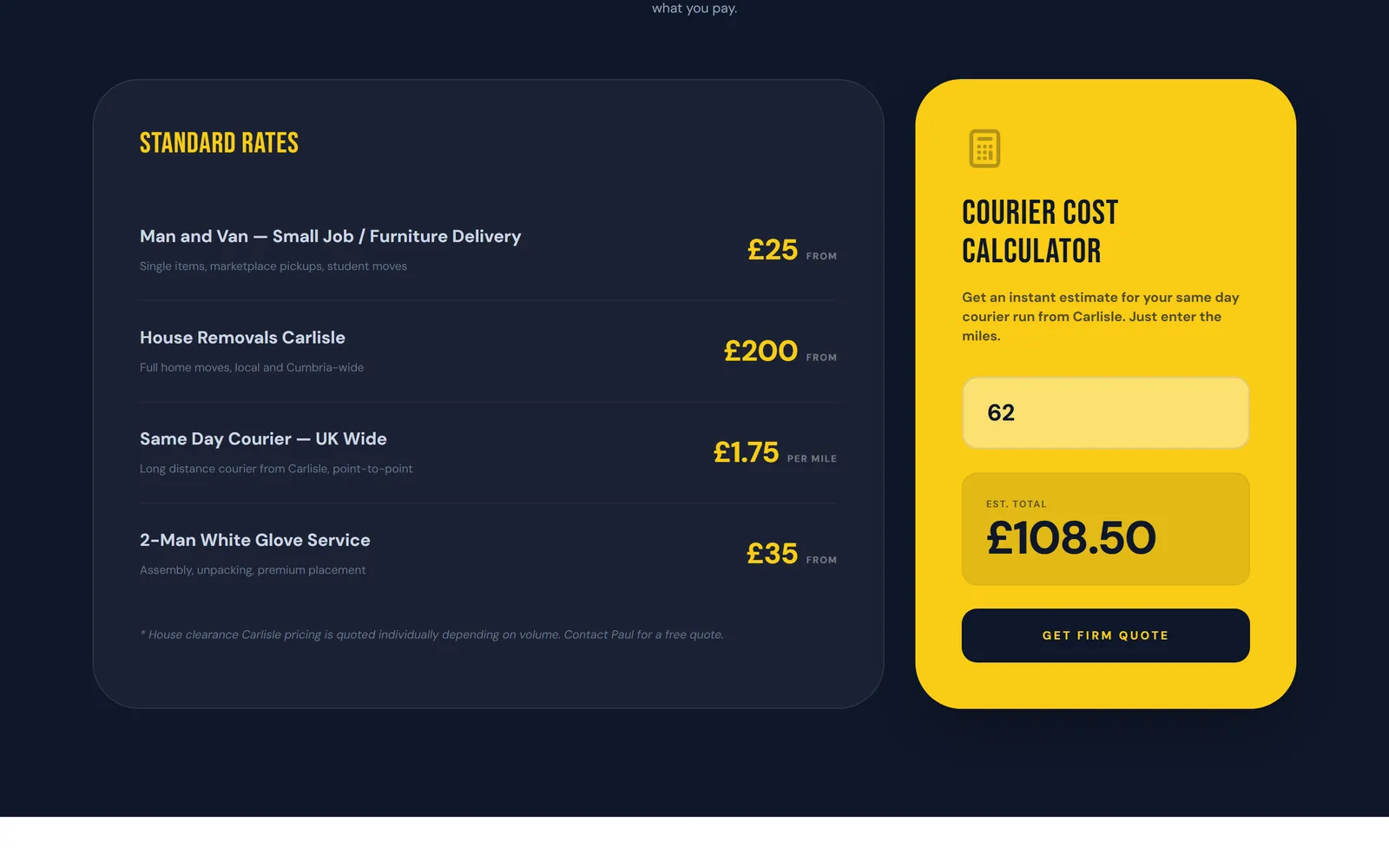 P&A Transport courier cost calculator showing a 62-mile same-day run priced at £108.50
