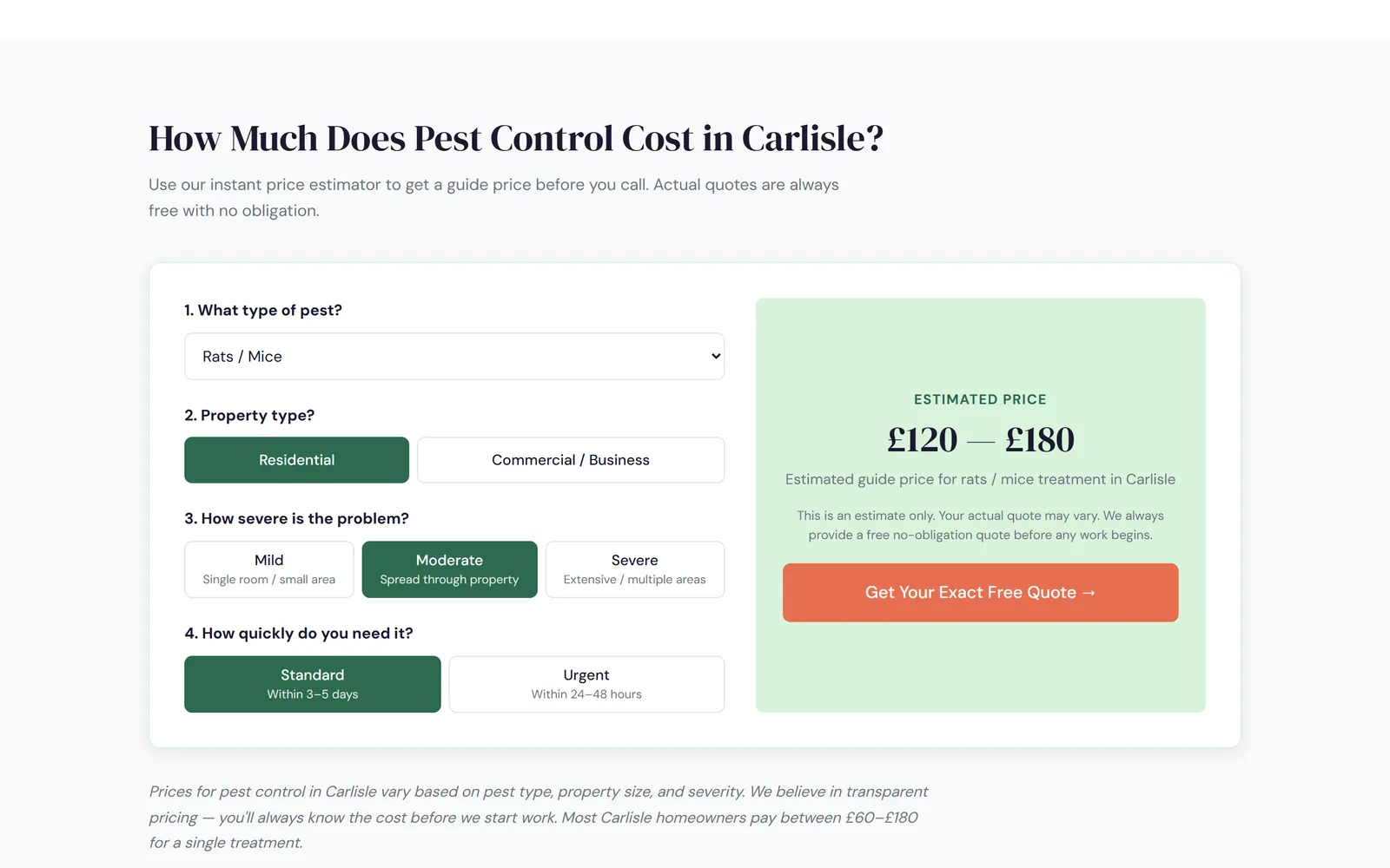Carlisle Pest Control price estimator showing £120 to £180 for a moderate rat or mouse problem