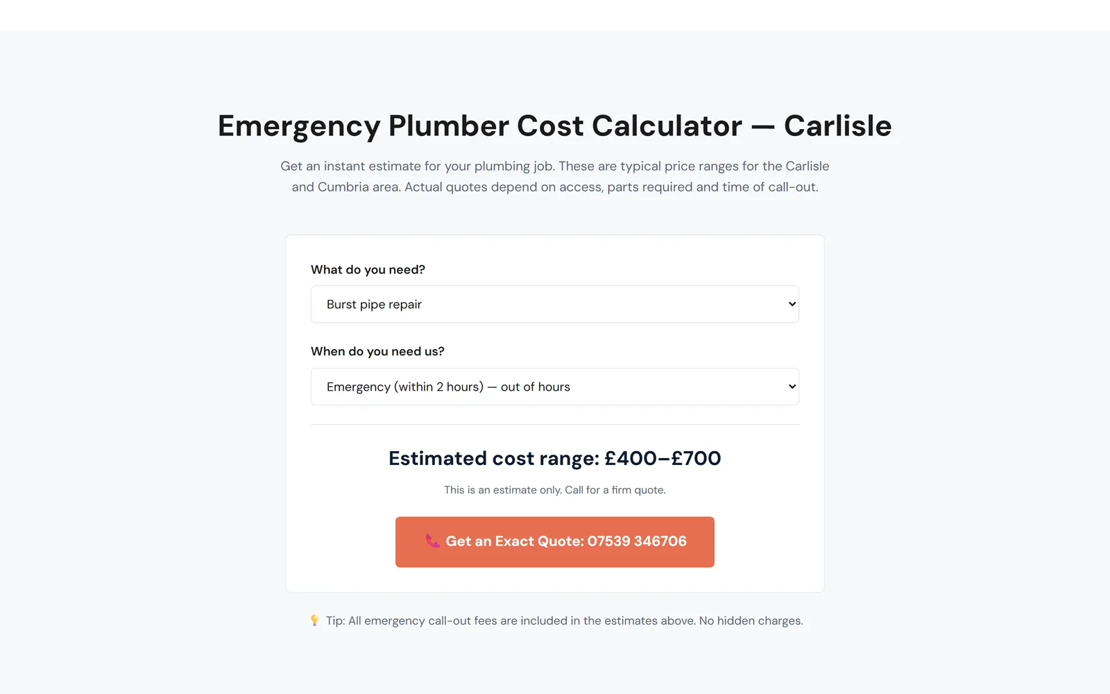Emergency Plumber Carlisle cost calculator showing £400 to £700 for an out-of-hours burst pipe