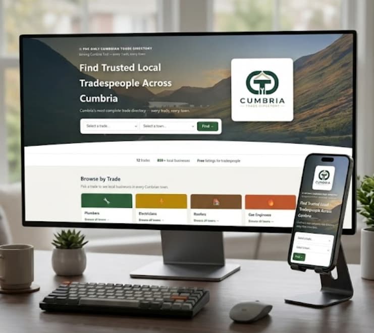 Cumbrian Trade Directory website on desktop monitor and mobile — built by Cascade Digital