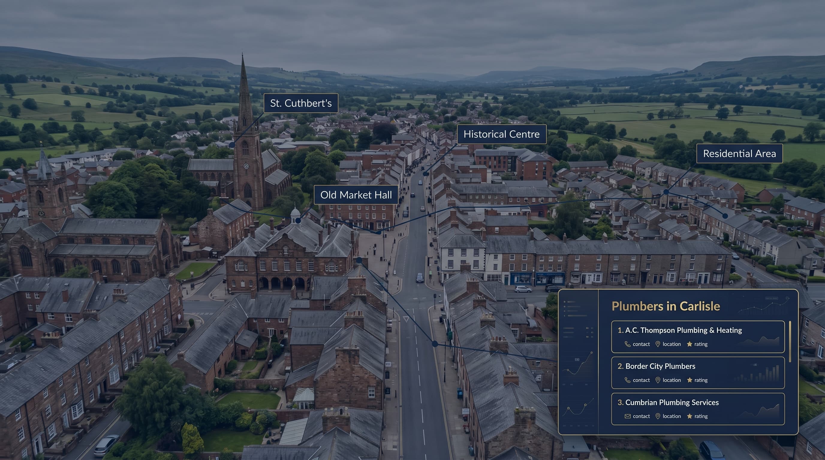 Cumbrian Trade Directory — plumbers in Carlisle page with Carlisle aerial view