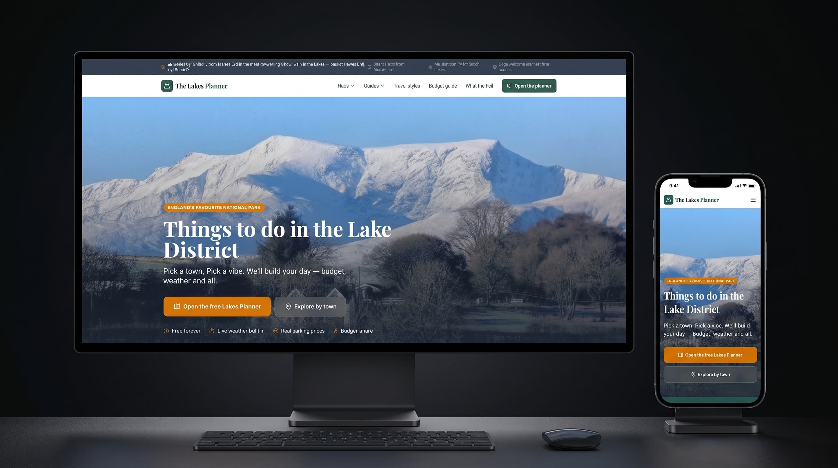 The Lakes Planner website on desktop monitor and mobile — built by Cascade Digital