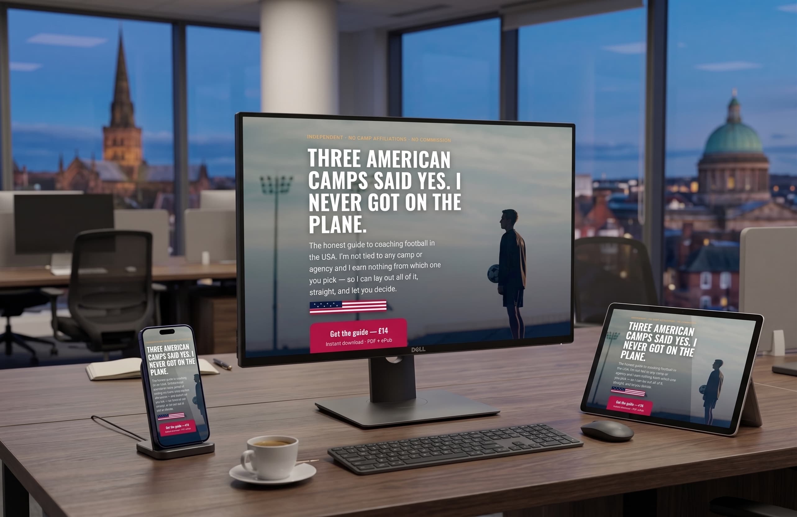 Coach The States website shown on a desktop monitor, phone and tablet in a home office