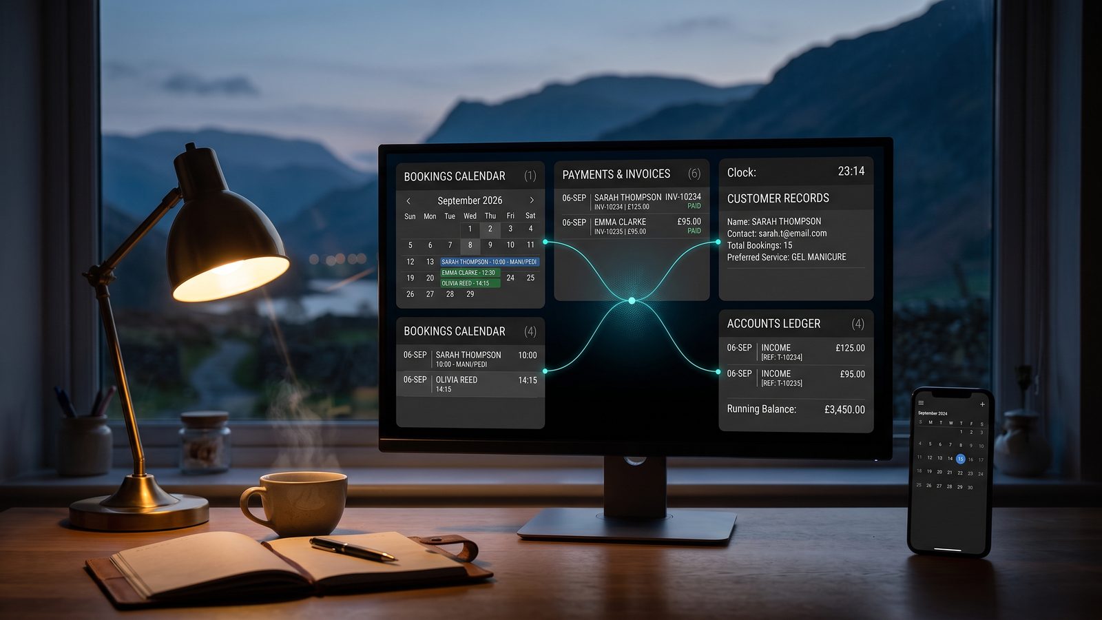 Desk monitor showing a bookings calendar, payments, customer records and an accounts ledger linked together
