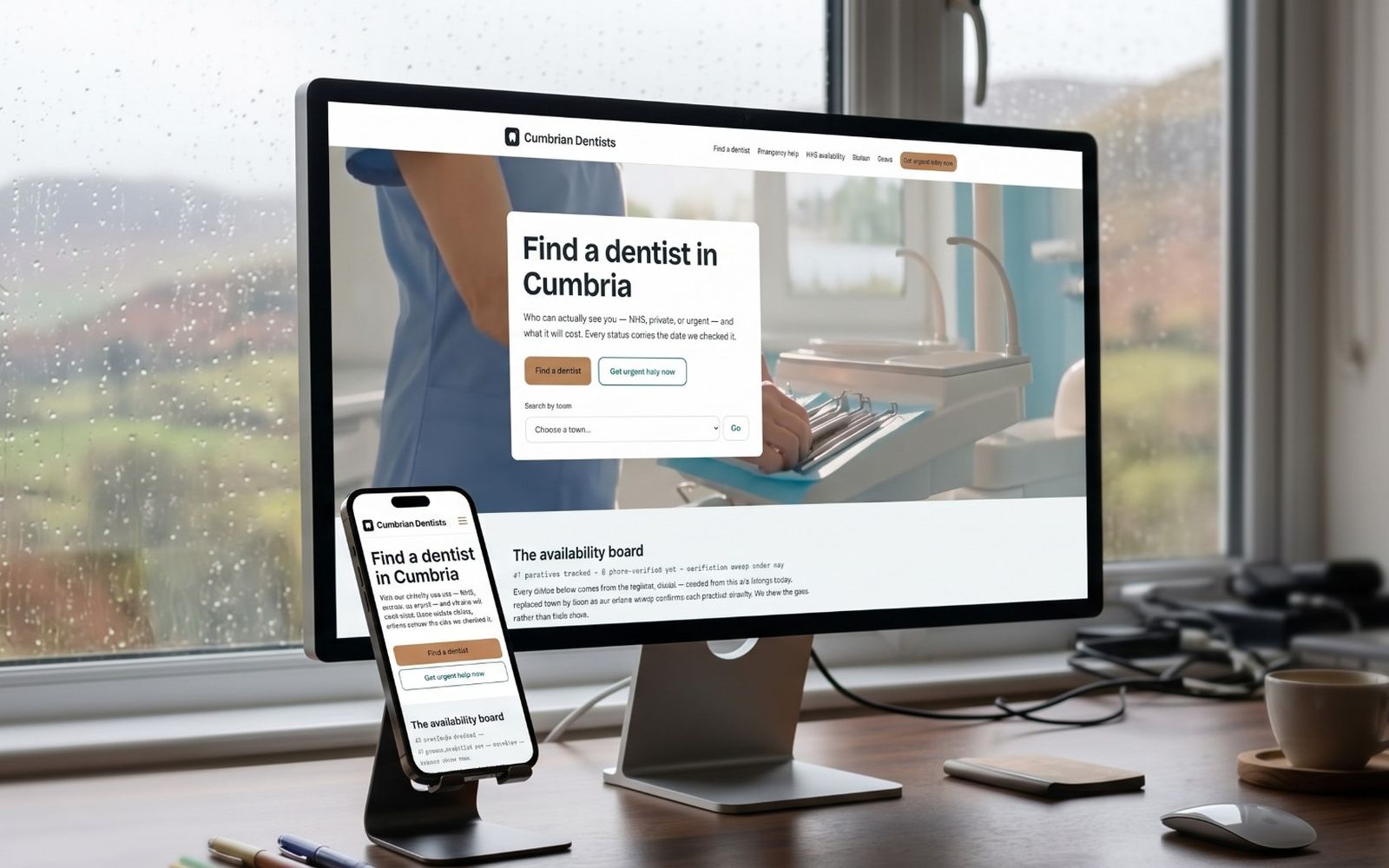 Cumbrian Dentists website on a desktop monitor and phone