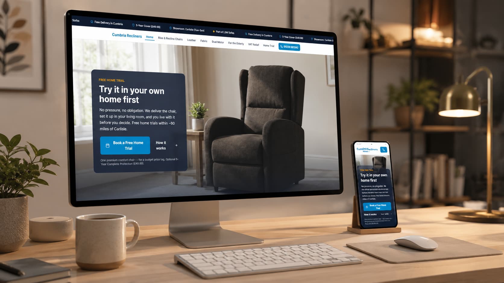 Cumbria Recliners website shown on a desktop monitor and phone in a home office