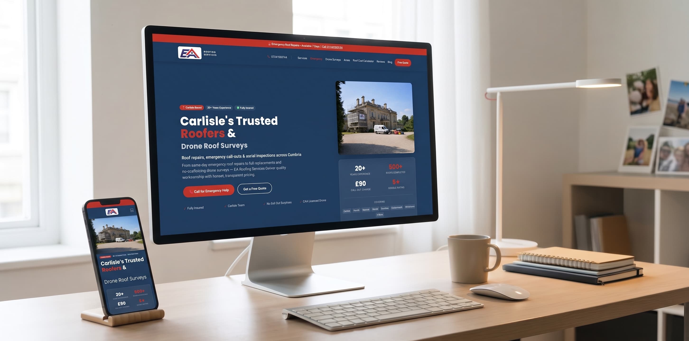 EA Roofing Services website shown on a desktop monitor and phone in a home office