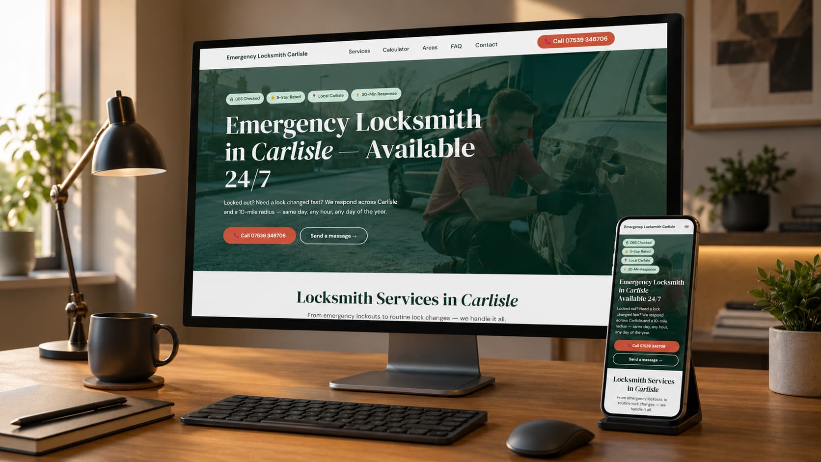 Emergency Locksmith Carlisle website shown on a desktop monitor and phone in a home office