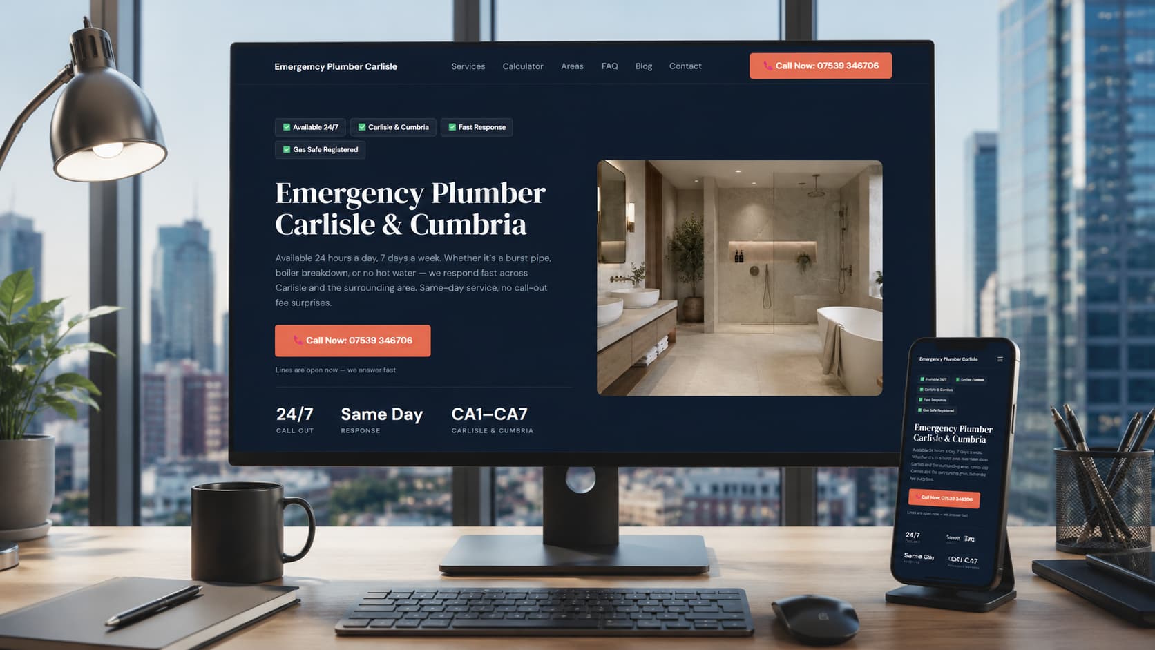 Emergency Plumber Carlisle website shown on a desktop monitor and phone in a home office