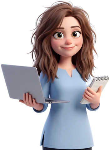 Cartoon of Aimee playing a carer setting up on her own, in a light-blue tunic, holding a laptop and a notebook and looking determined