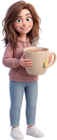 Cartoon of Aimee in a hoodie and jeans, smiling, holding a huge mug of tea