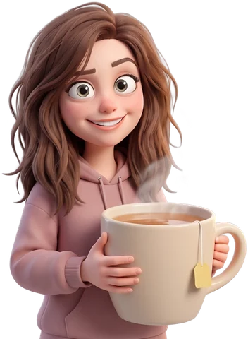 Cartoon of Aimee in a hoodie and jeans, smiling, holding a huge mug of tea