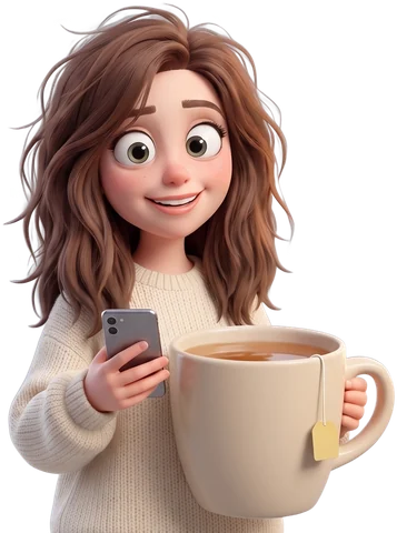 Cartoon of Aimee in a cream jumper, smiling at her phone with her huge mug of tea in the other hand