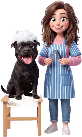 Cartoon of Aimee playing a dog groomer in a blue striped smock, holding a comb, next to Cass the black staffy sitting on a stool wearing a bubble-bath foam hat