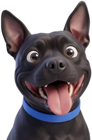 Cartoon of Cass the black Staffordshire bull terrier sitting upright with her ears pricked and her tongue out