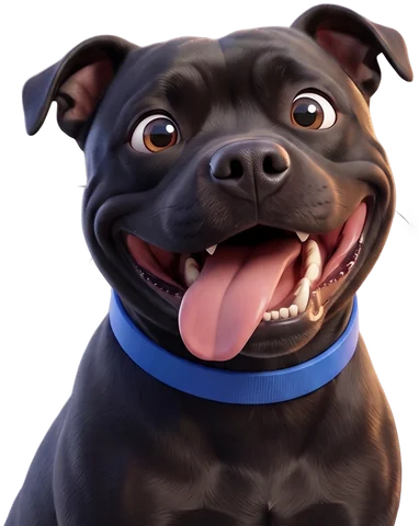 Cartoon of Cass the black Staffordshire bull terrier with her head tilted