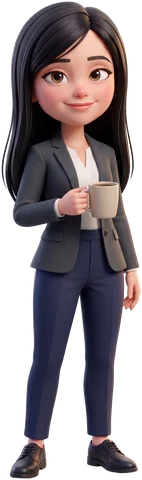Cartoon of Eloise smiling warmly and holding a mug of coffee