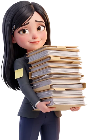 Cartoon of Eloise playing an office manager, carrying a tall stack of files up to her chin with a sticky note on her sleeve and a kind, flustered smile