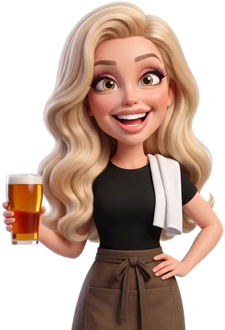 Cartoon of Jorja playing a barmaid in a black top and dark apron, a bar towel over her shoulder, holding a pint and grinning
