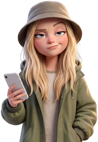 Cartoon of Maddie in her bucket hat, grinning at her phone
