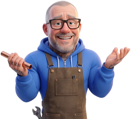 Cartoon of Peter playing a plumber in a work apron over his blue hoodie, holding a copper pipe and shrugging