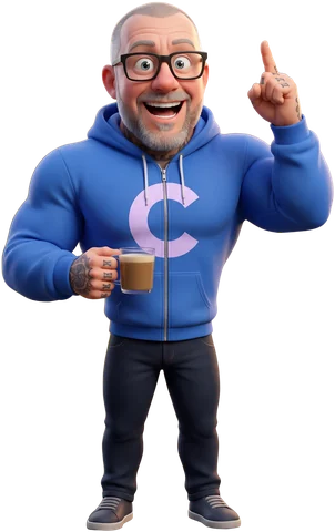 Cartoon of Peter from Cascade Digital with one finger raised, grinning, holding a mug of coffee