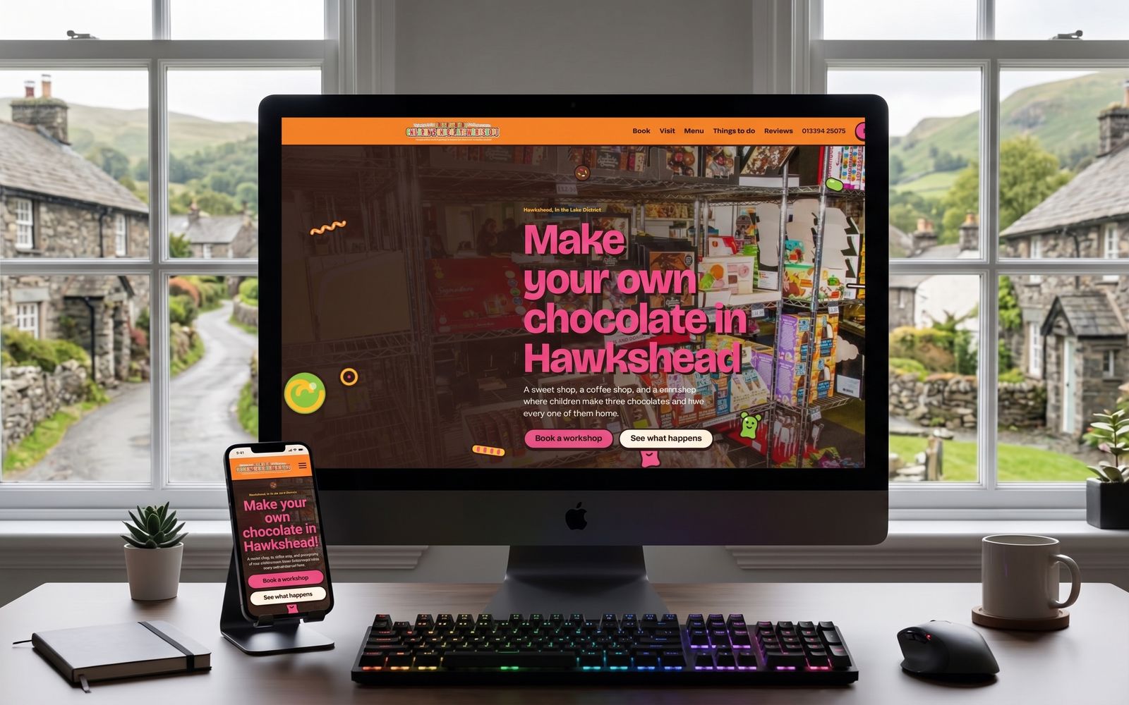 Hawkshead Chocolate website on a desktop monitor and phone