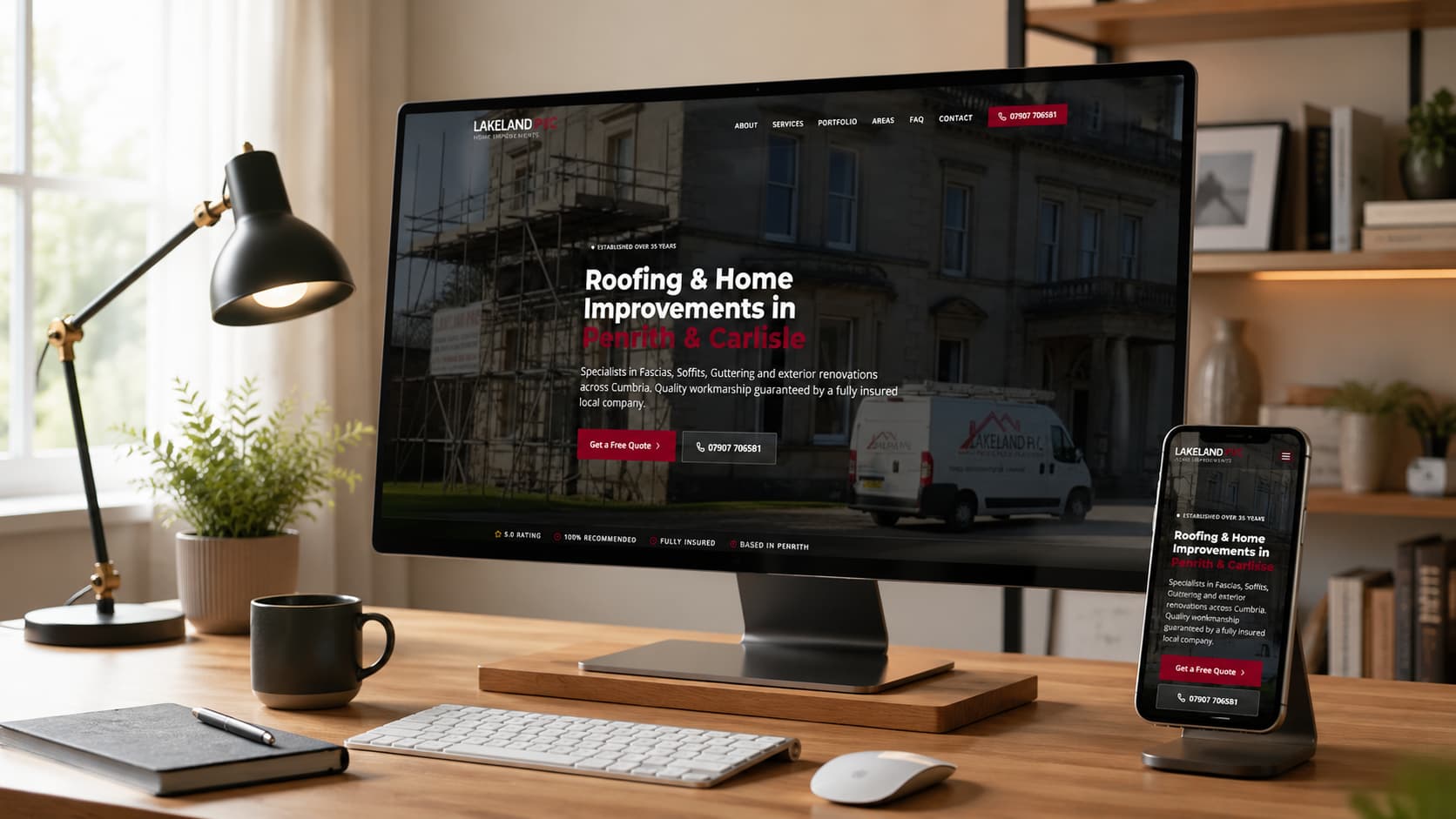 Lakeland PVC roofing and exteriors website shown on a desktop monitor and phone in a home office