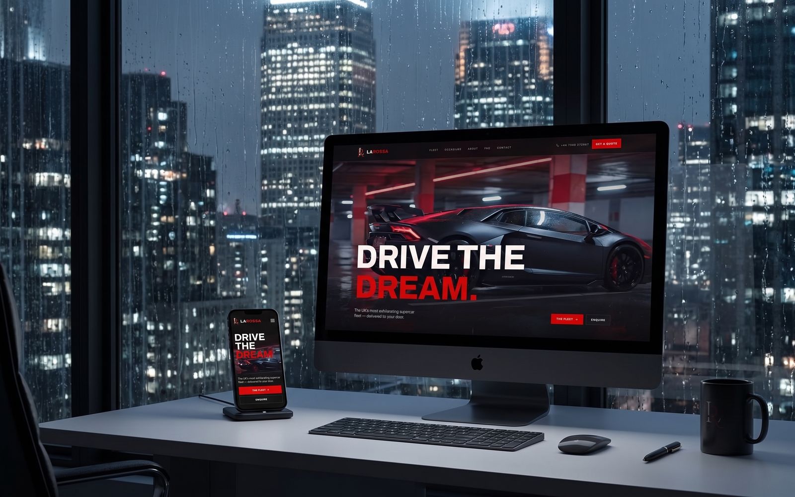 LaRossa supercar hire website on a desktop monitor and phone