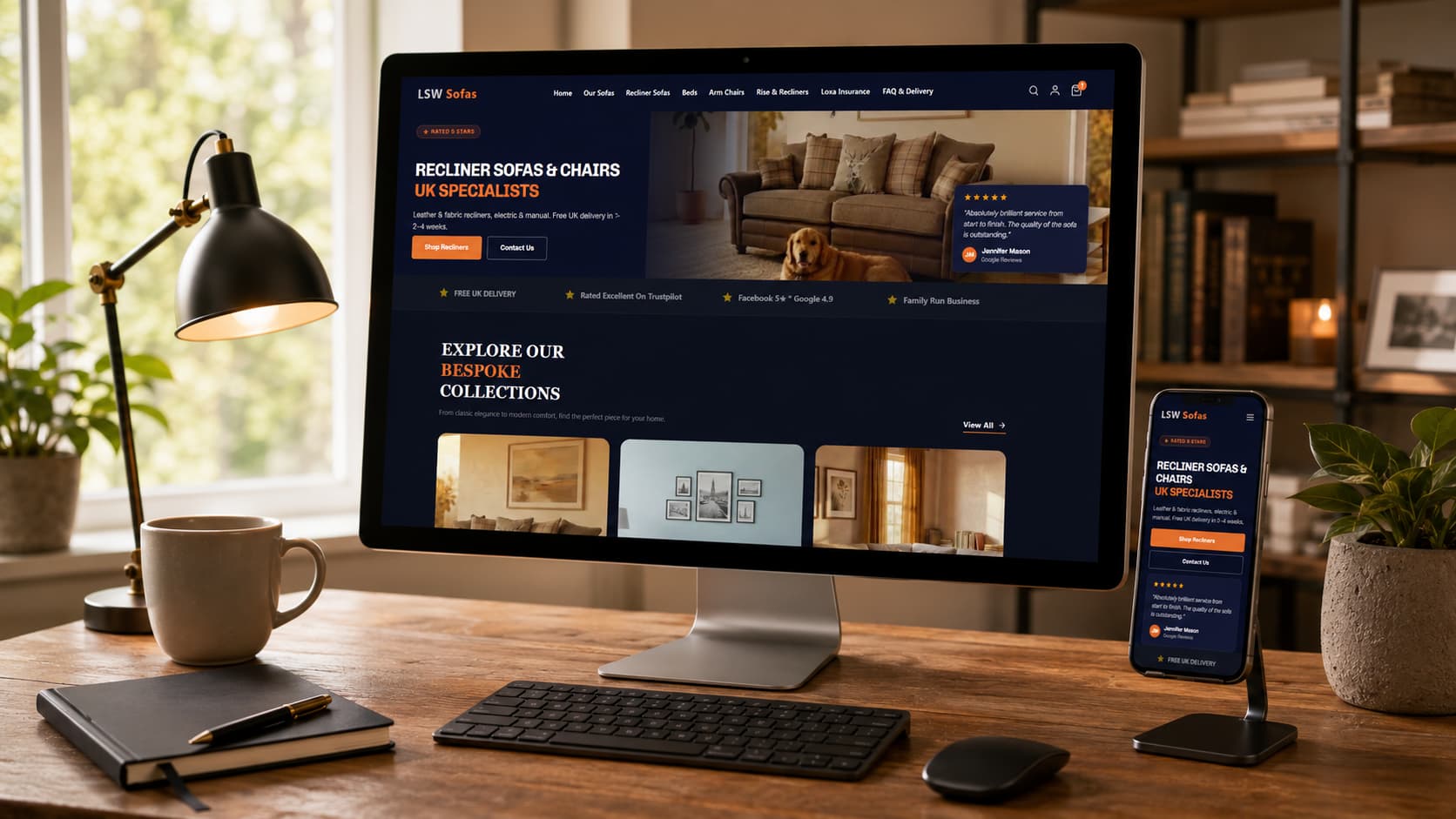 LSW Sofas Shopify store shown on a desktop monitor and phone in a home office