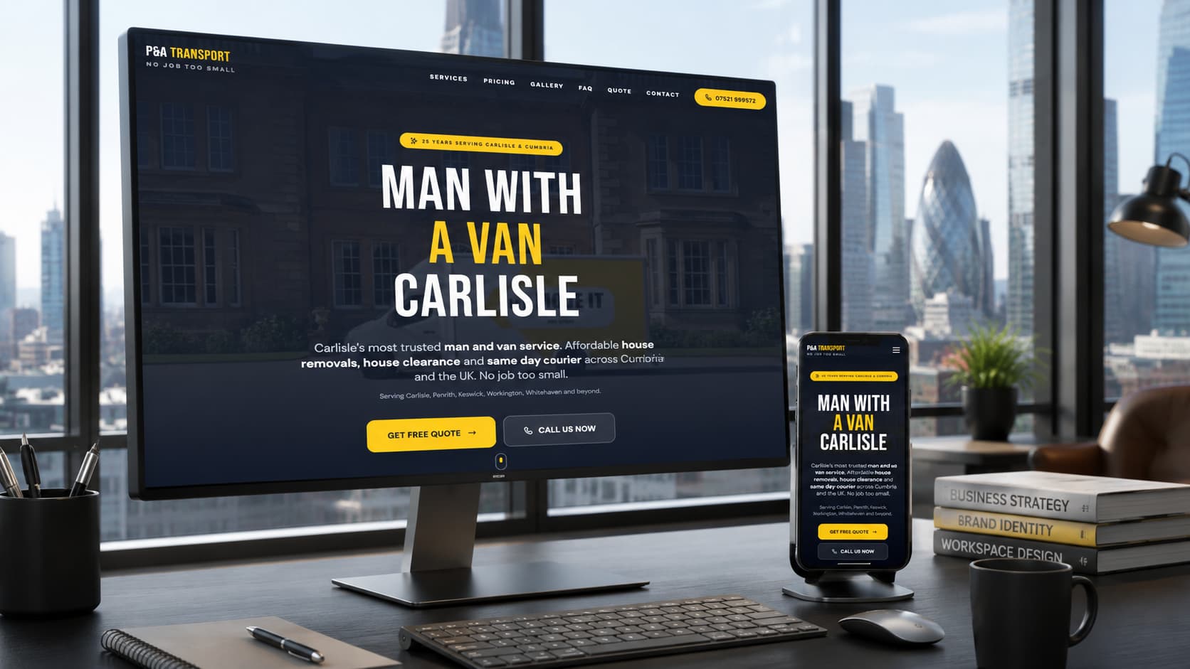 P and A Transport man-and-van website shown on a desktop monitor and phone in a home office