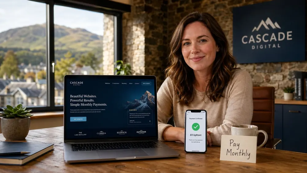 Pay monthly website shown on a laptop and phone at the Cascade Digital desk