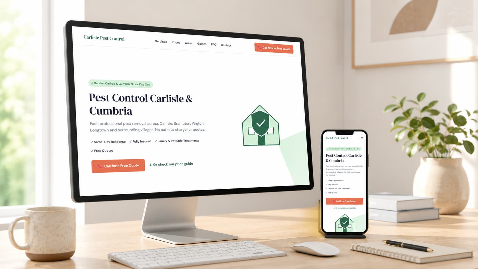 Carlisle Pest Control website shown on a desktop monitor and phone in a home office