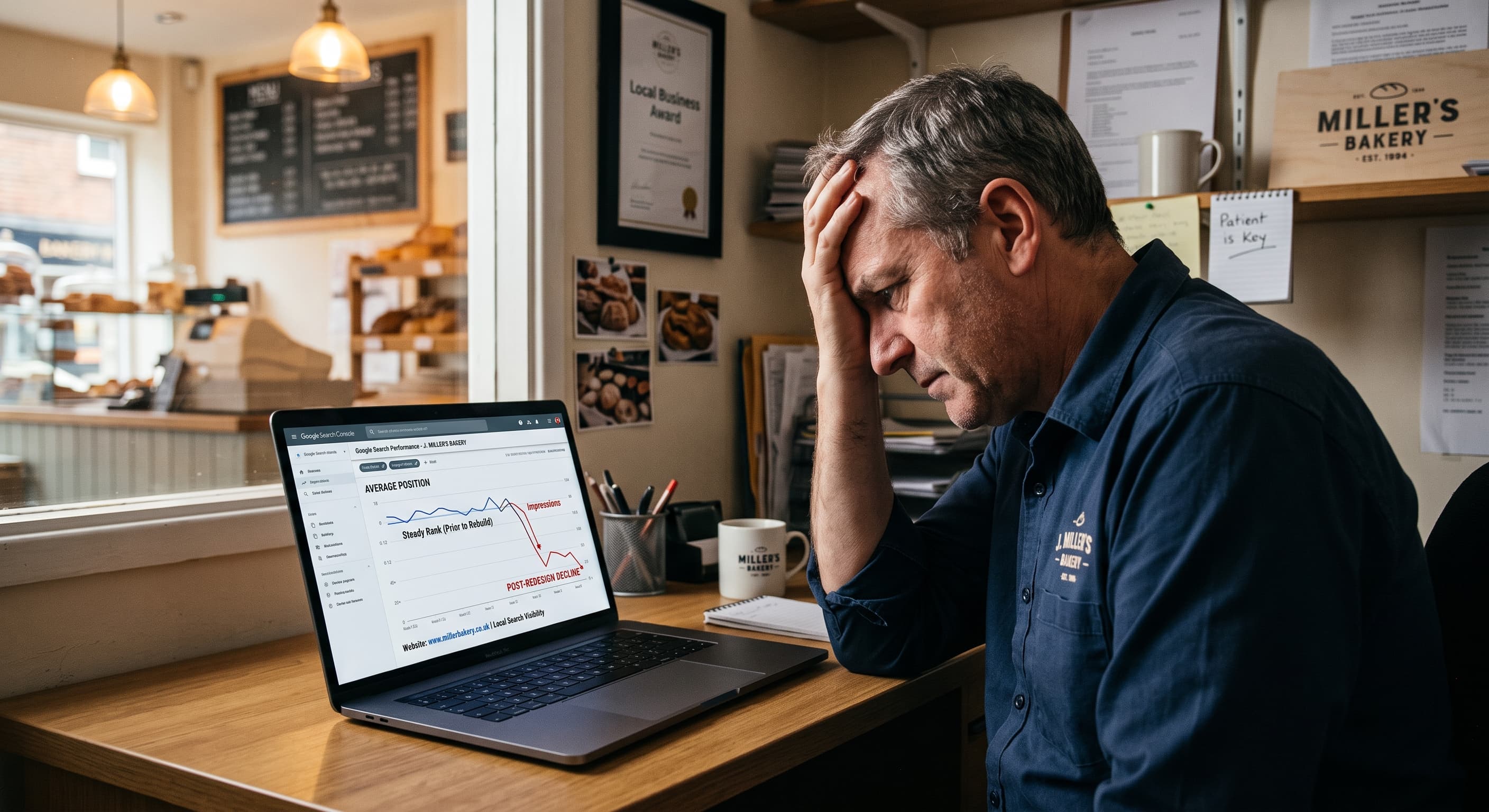 A small business owner sits with his head in his hand, looking at a Google Search Console performance report on a laptop showing rankings falling away after a website redesign.