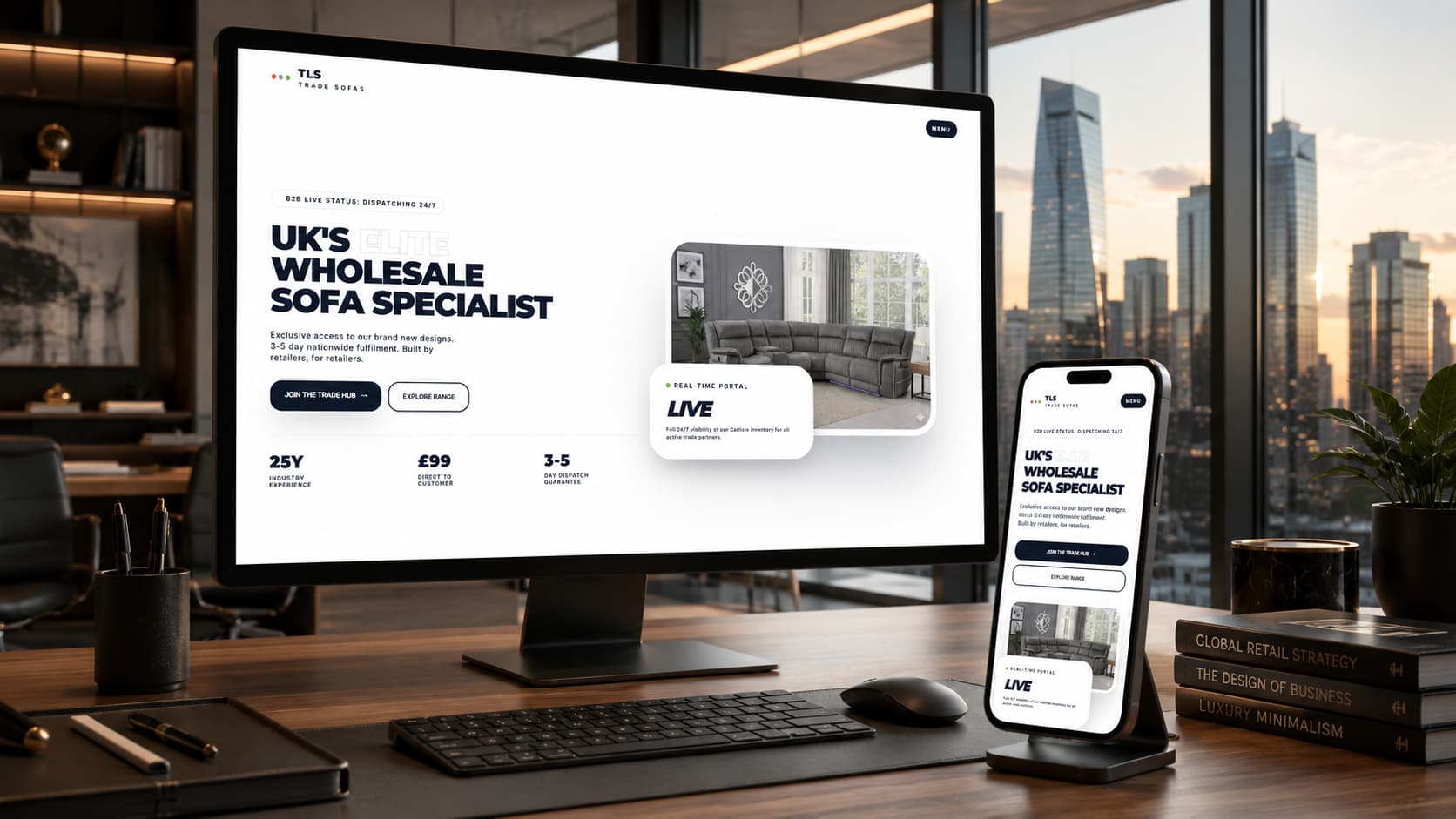 TLS Trade Sofas wholesale platform shown on a desktop monitor and phone in a home office