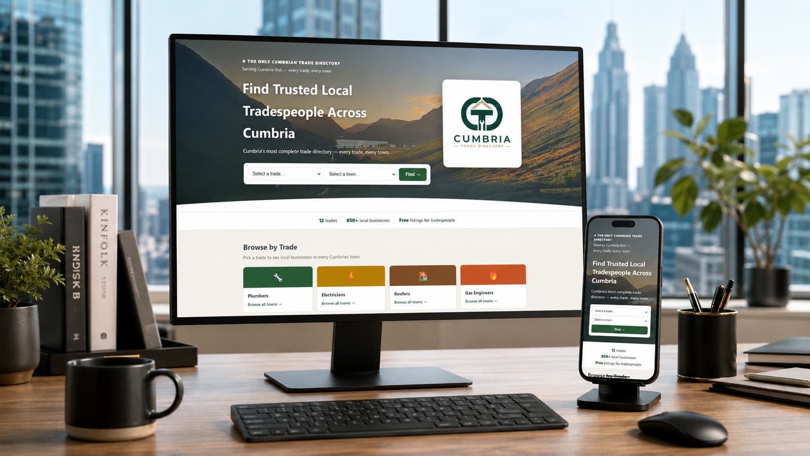 Cumbria Trade Directory website shown on a desktop monitor and phone in a home office
