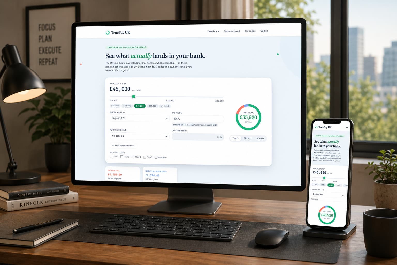TruePay UK take-home pay calculator shown on a desktop monitor and phone in a home office